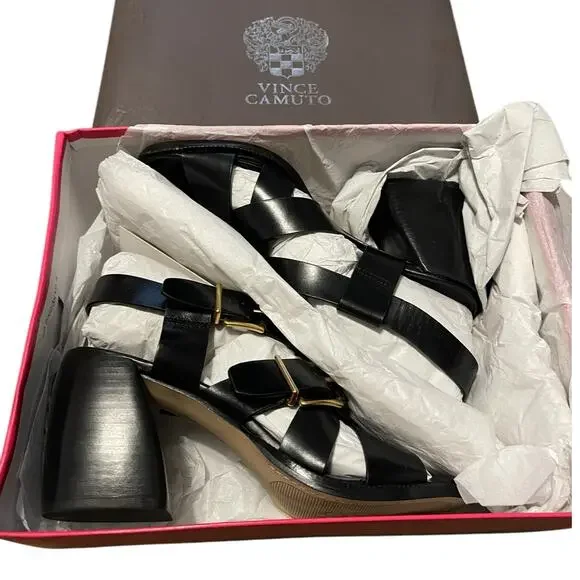 Vince Camuto Size 7 NEW Penina Black Leather Strappy Heeled Sandals New in Box - Picture 2 of 9